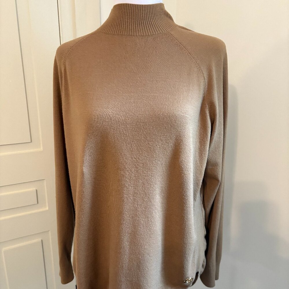 Camel Colored Mock Neck Sweater with Shirttail Hem, Small, by Michael Kors